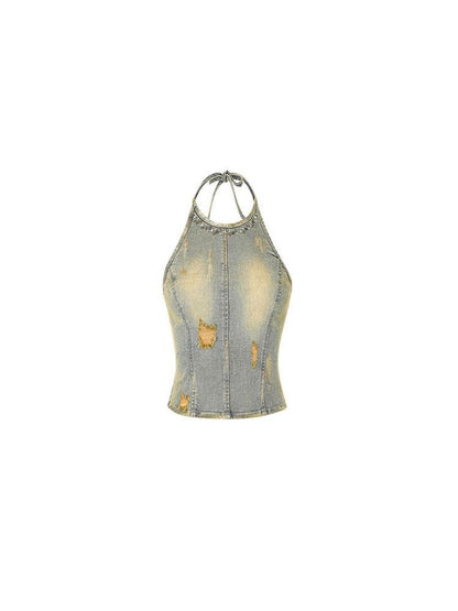 1JINN STUDIO Vintage Asymmetrical Gold Foil Crewneck Cropped Slim Fit Women&