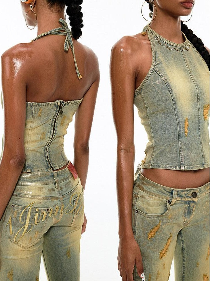 1JINN STUDIO Vintage Asymmetrical Gold Foil Crewneck Cropped Slim Fit Women&