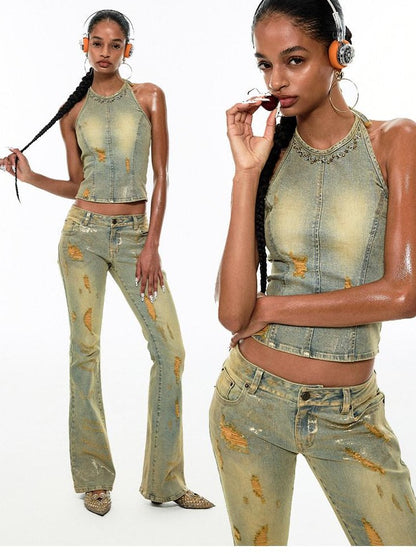 1JINN STUDIO Vintage Asymmetrical Gold Foil Crewneck Cropped Slim Fit Women&