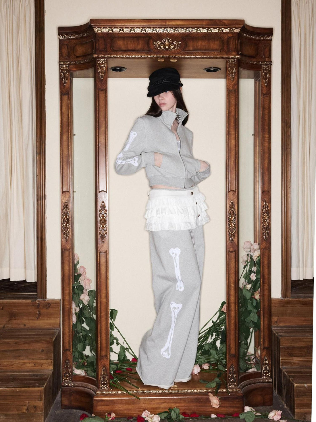 1JINN STUDIO Vintage Bone Sequin Embroidery Stand Collar Cropped Women&