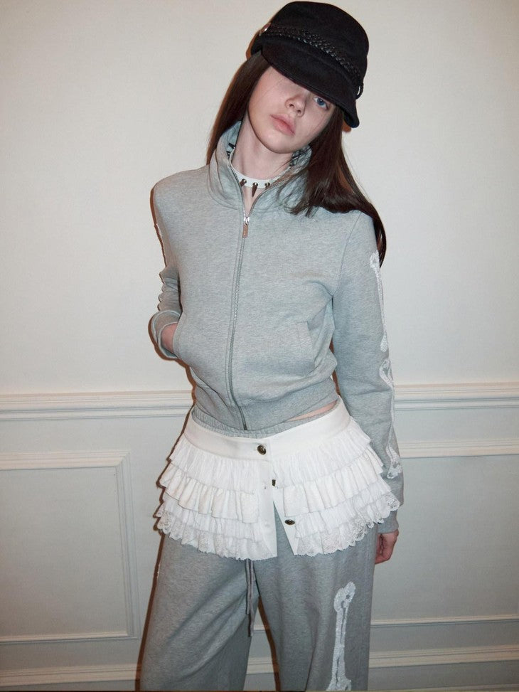 1JINN STUDIO Vintage Bone Sequin Embroidery Stand Collar Cropped Women&