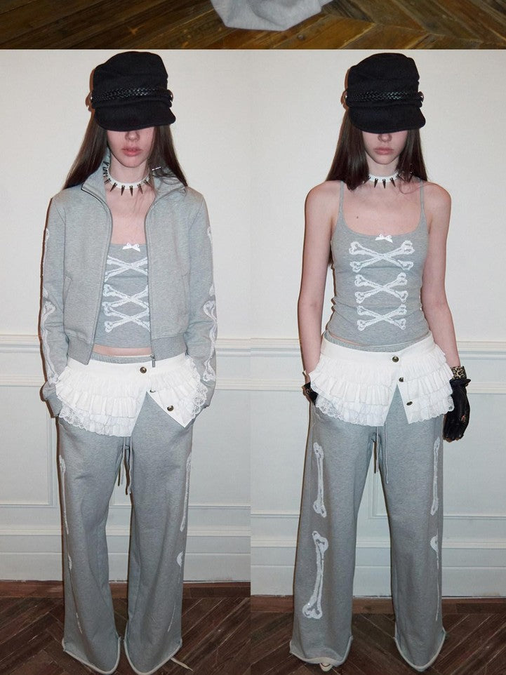 1JINN STUDIO Vintage Bone Sequin Embroidery Stand Collar Cropped Women&
