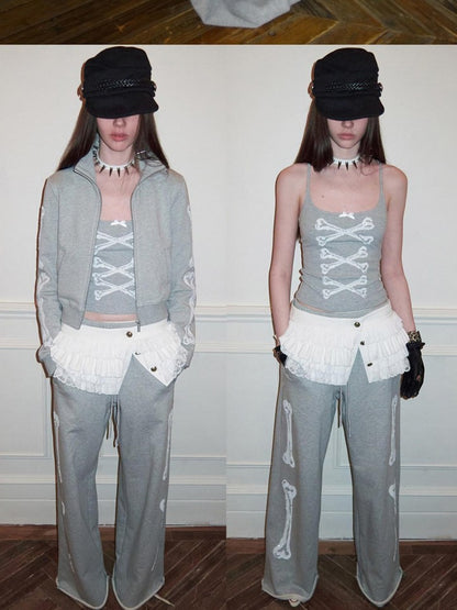 1JINN STUDIO Vintage Bone Sequin Embroidery Stand Collar Cropped Women&