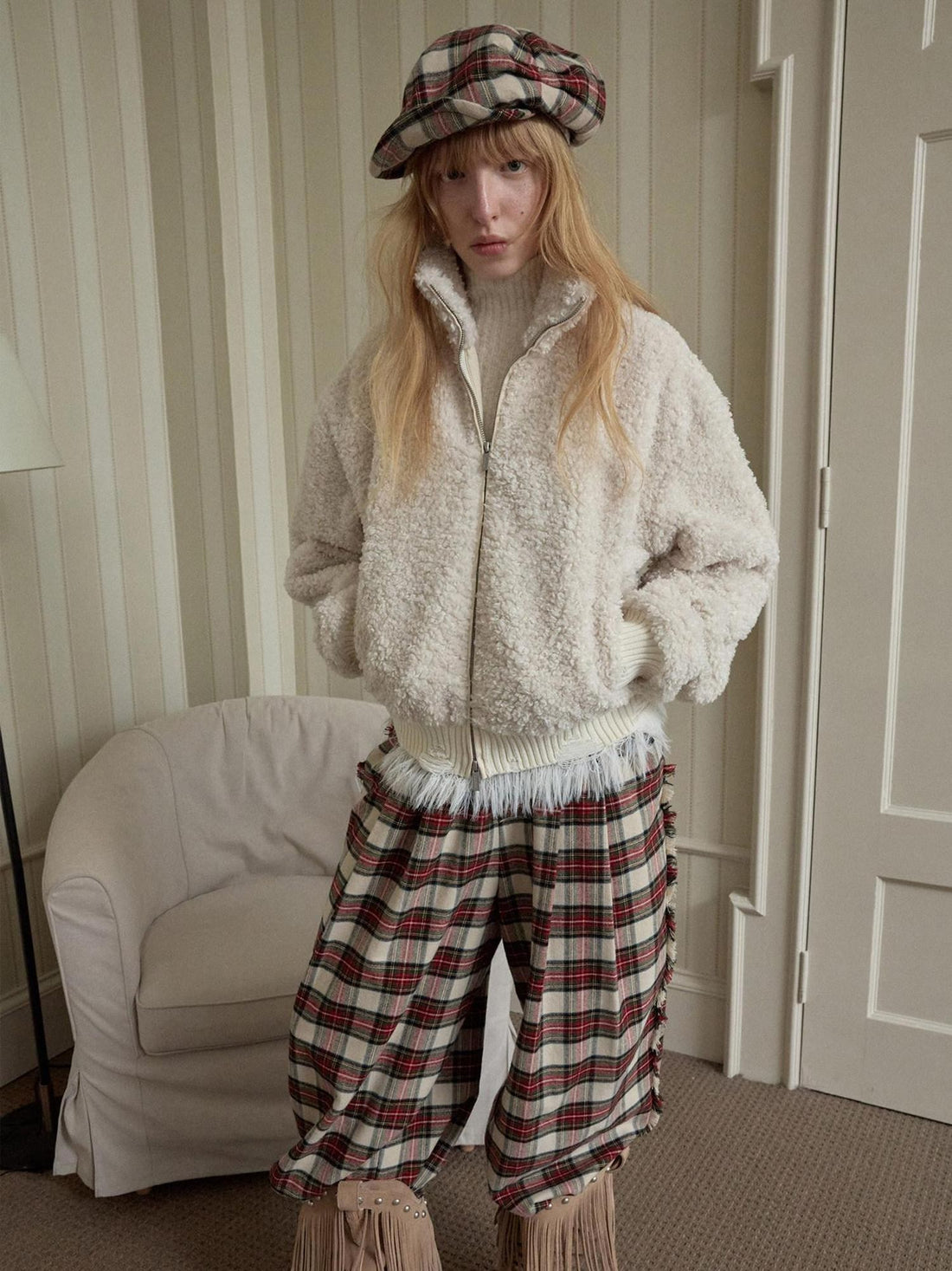 1JINN STUDIO Vintage British Two Tone Check Newsboy Inspired Women&