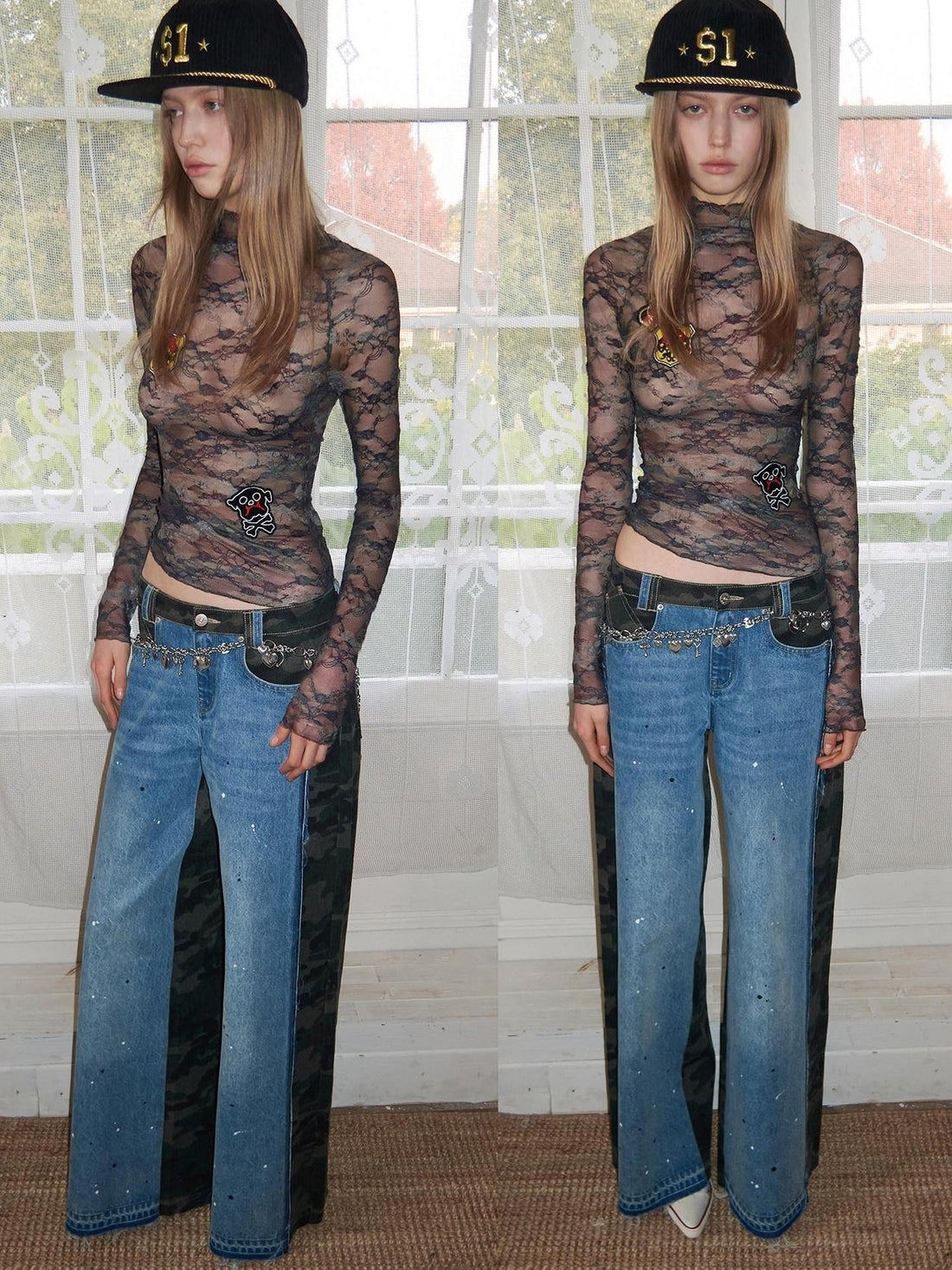 1JINN STUDIO Vintage Camo Lace Print Patch Raglan Collar Women&