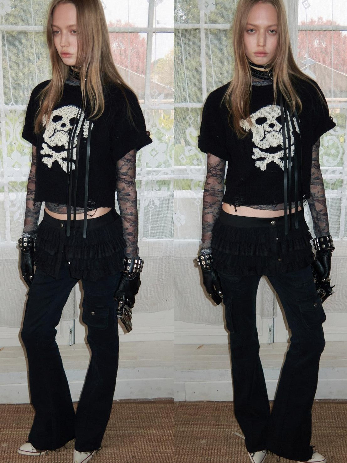 1JINN STUDIO Vintage Camo Lace Print Patch Raglan Collar Women&