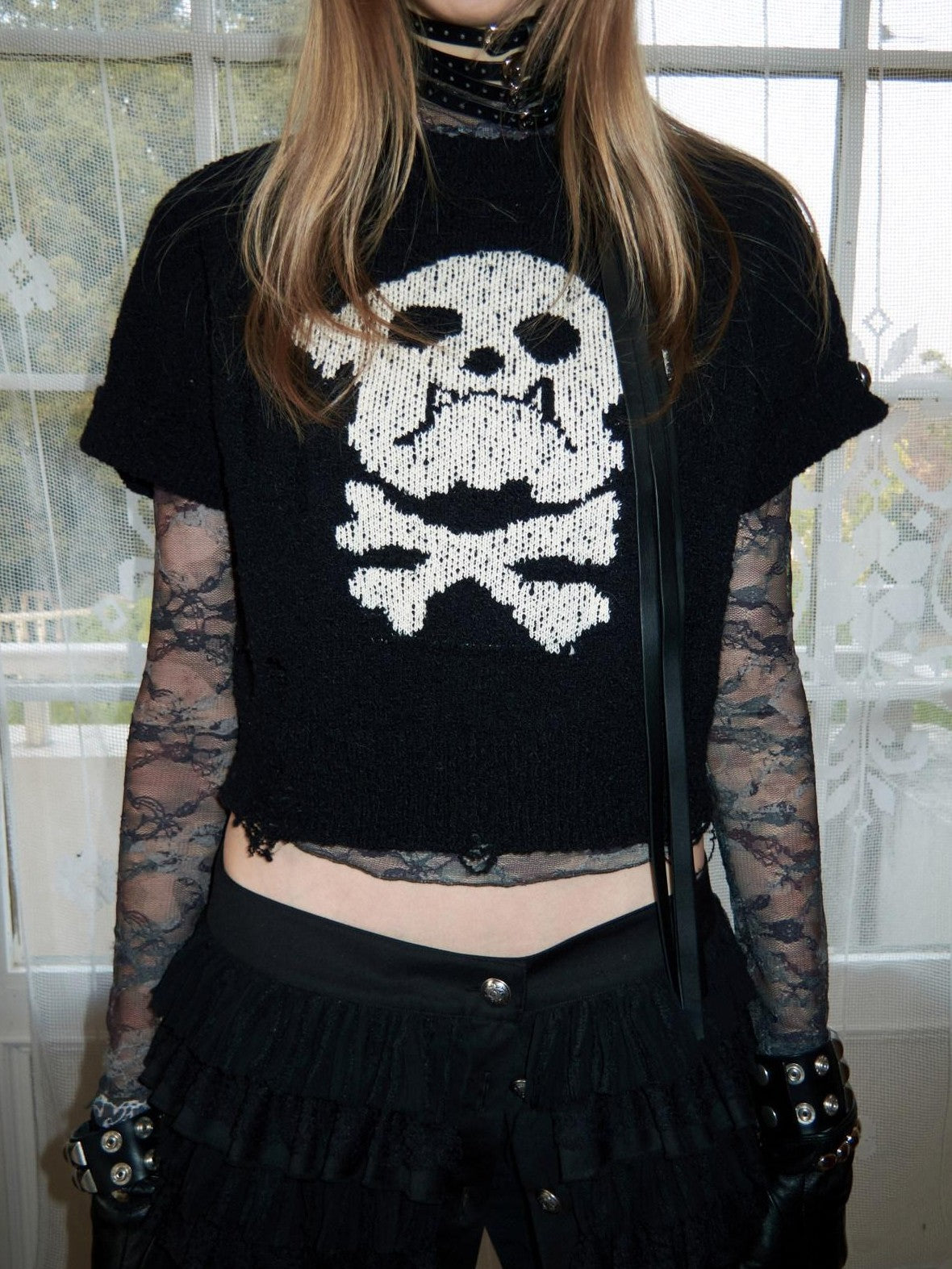 1JINN STUDIO Vintage Camo Lace Print Patch Raglan Collar Women&