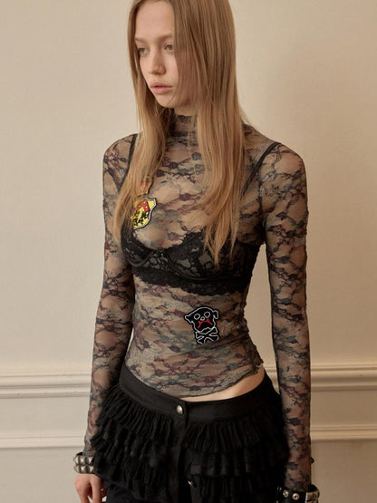 1JINN STUDIO Vintage Camo Lace Print Patch Raglan Collar Women&