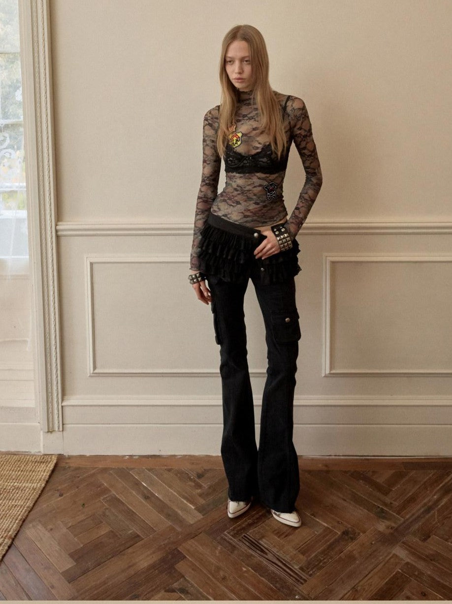 1JINN STUDIO Vintage Camo Lace Print Patch Raglan Collar Women&