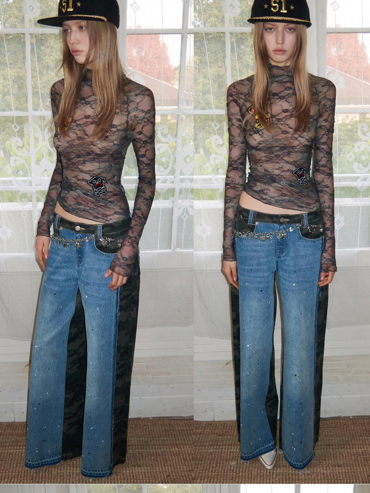1JINN STUDIO Vintage Camo Lace Print Patch Raglan Collar Women&