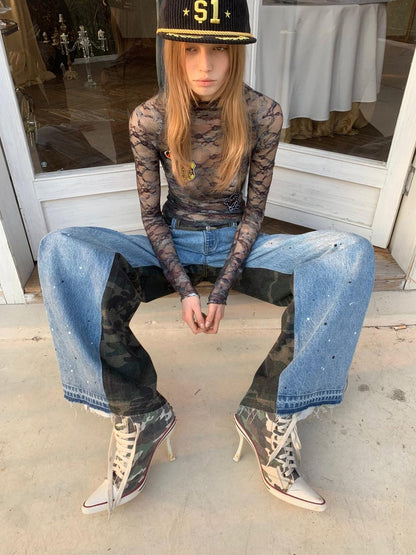 1JINN STUDIO Vintage Camo Lace Print Patch Raglan Collar Women&