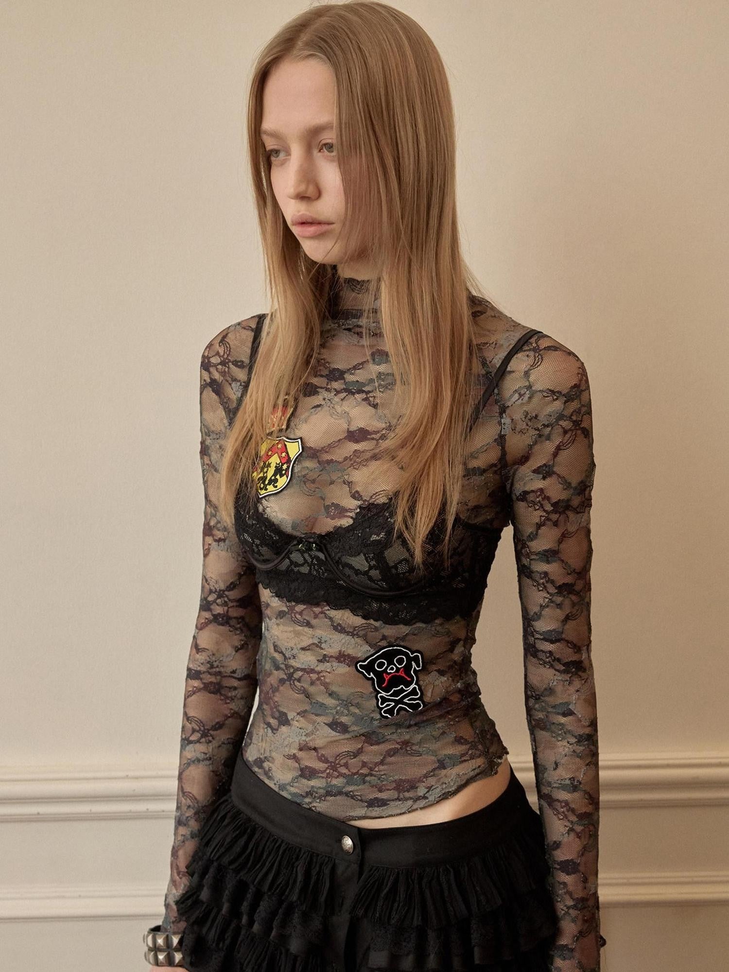 1JINN STUDIO Vintage Camo Lace Print Patch Raglan Collar Women&