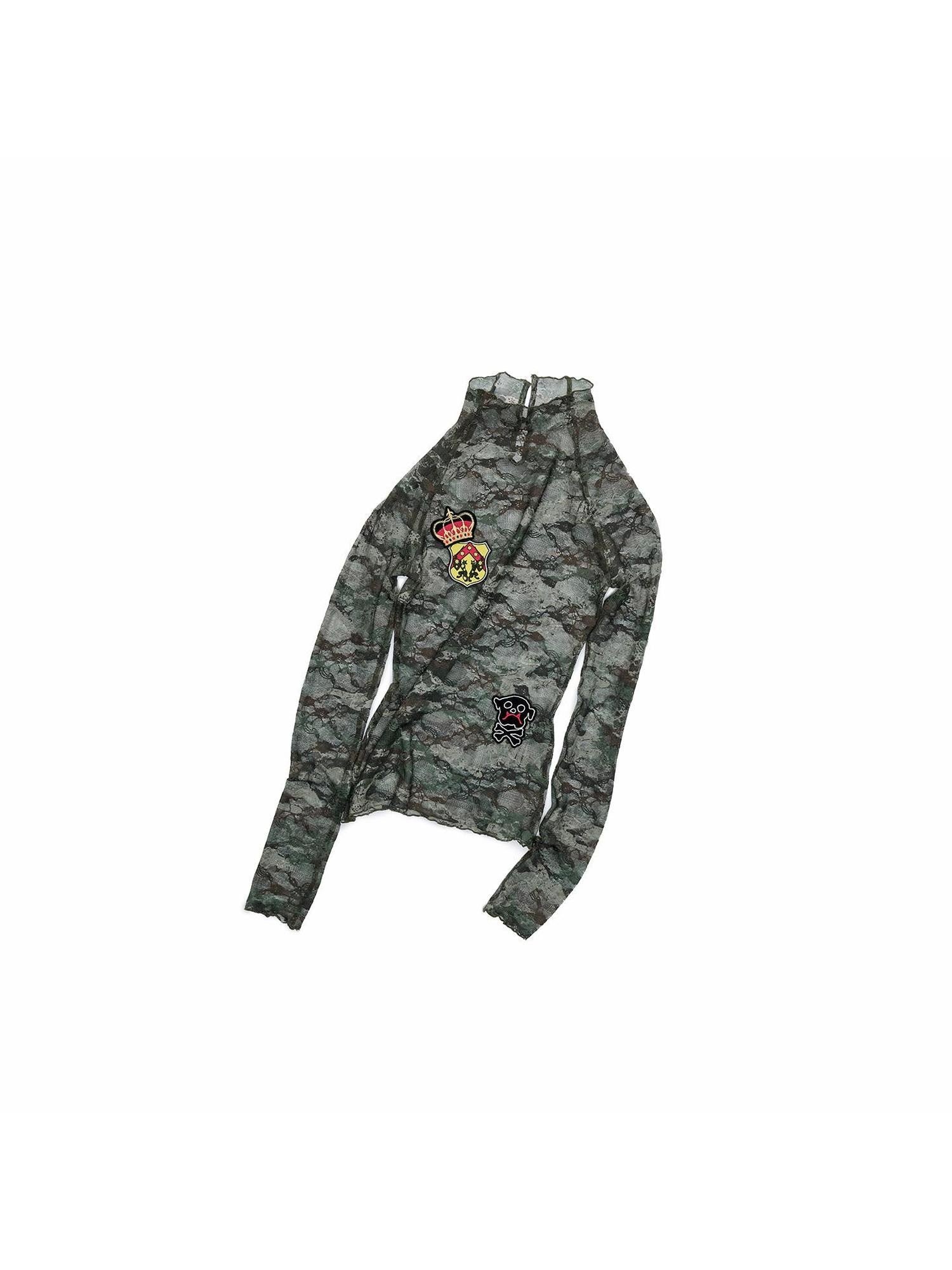 1JINN STUDIO Vintage Camo Lace Print Patch Raglan Collar Women&