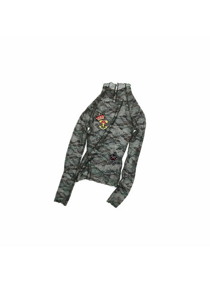 1JINN STUDIO Vintage Camo Lace Print Patch Raglan Collar Women&