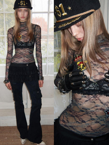 1JINN STUDIO Vintage Camo Lace Print Patch Raglan Collar Women&