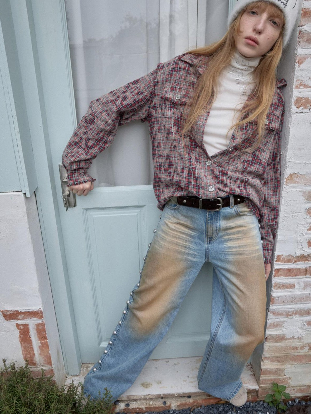 1JINN STUDIO Vintage Camouflage Studded Metal Buckle Women&
