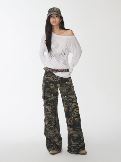 1JINN STUDIO Vintage Camouflage Studded Metal Buckle Women&