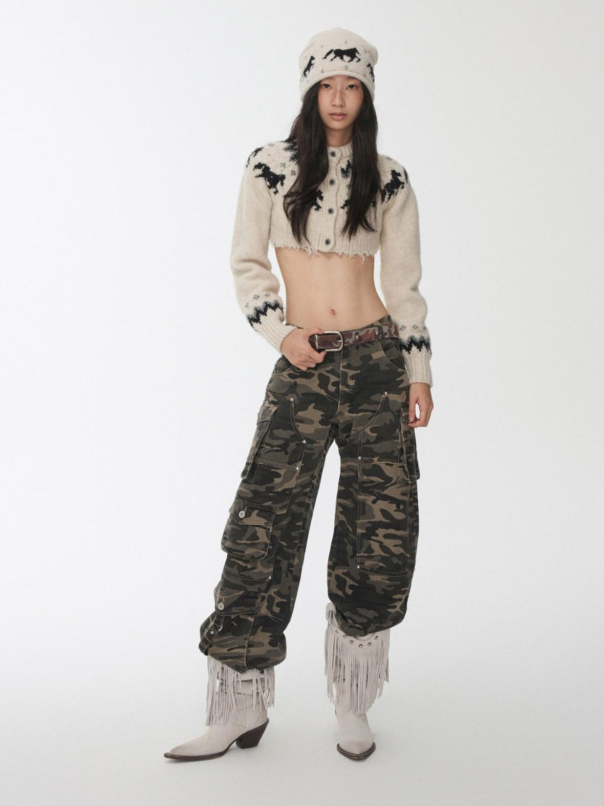 1JINN STUDIO Vintage Camouflage Studded Metal Buckle Women&