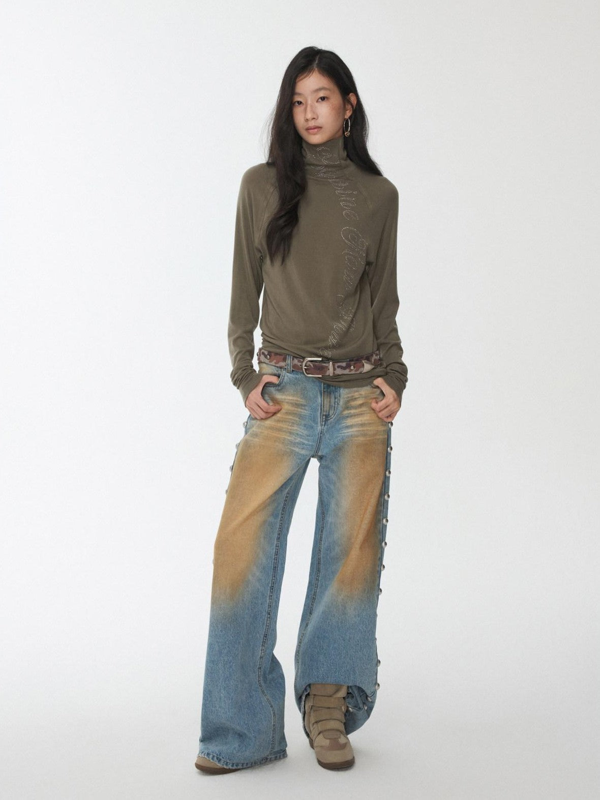 1JINN STUDIO Vintage Camouflage Studded Metal Buckle Women&