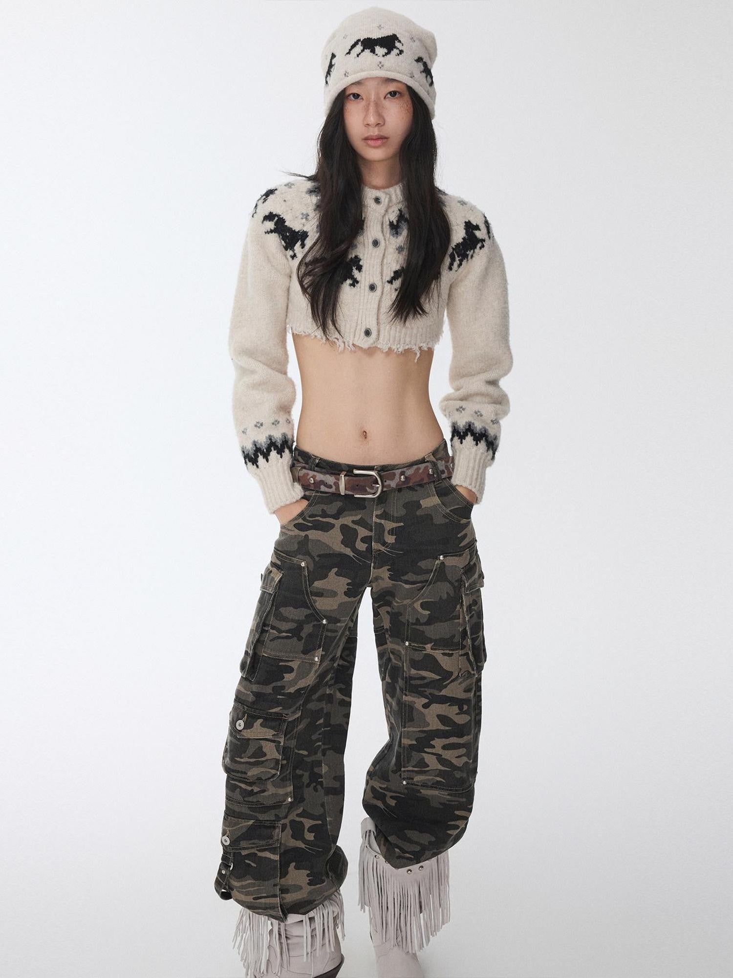 1JINN STUDIO Vintage Camouflage Studded Metal Buckle Women&