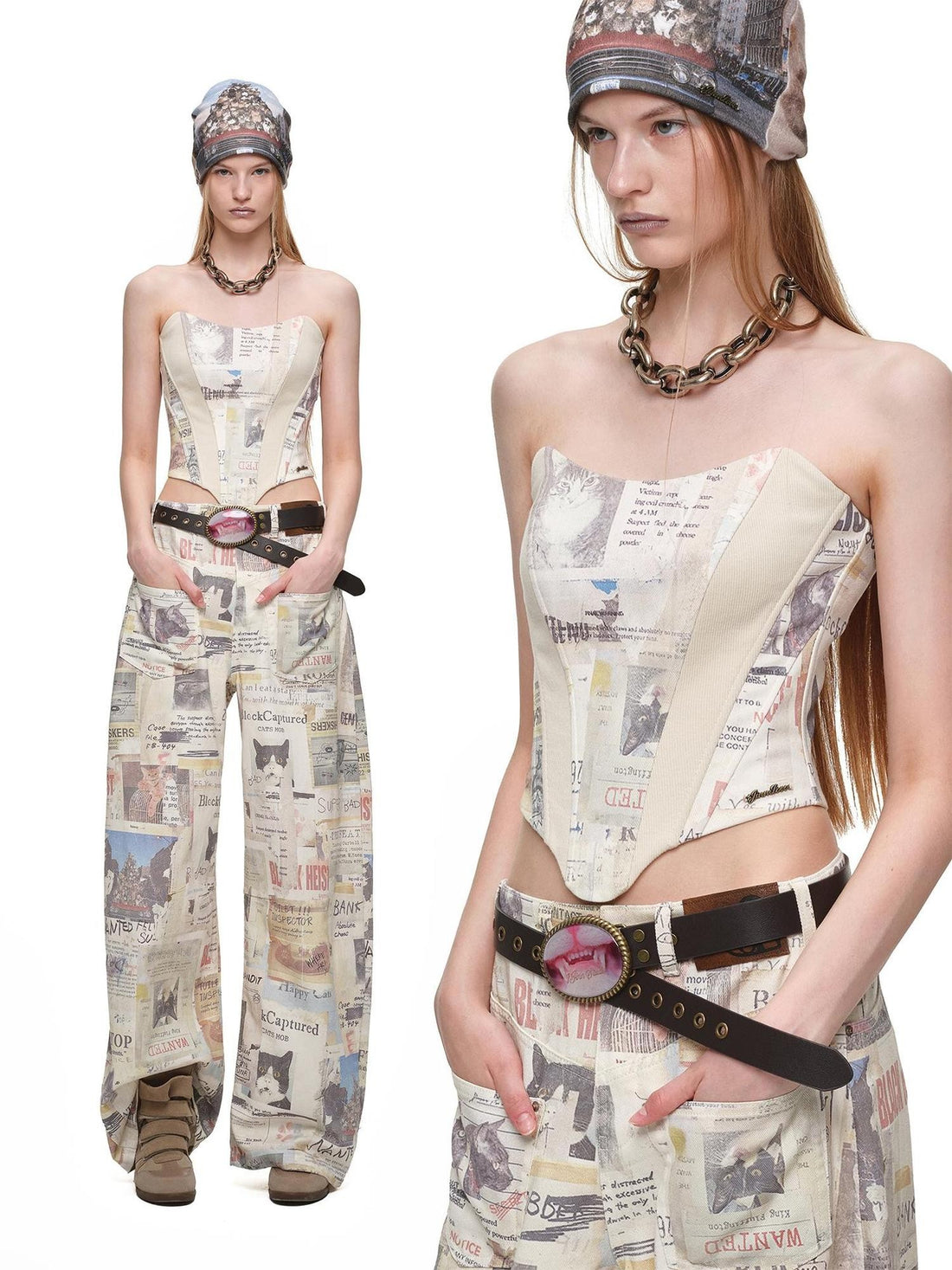 1JINN STUDIO Vintage Cat Newspaper Print Corset Slim Fit Cotton Women&