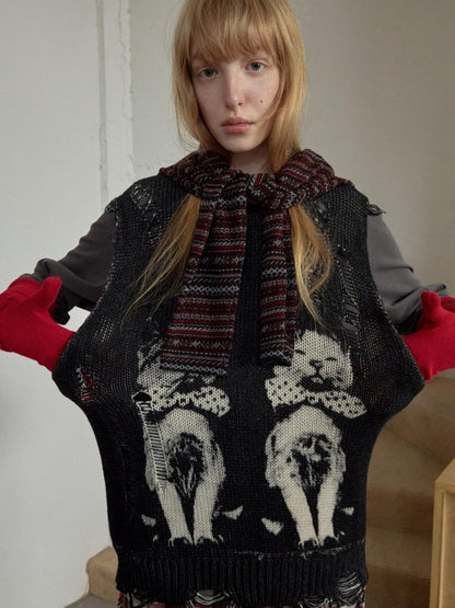 1JINN STUDIO Vintage Cat Print Distressed Cutout Women&