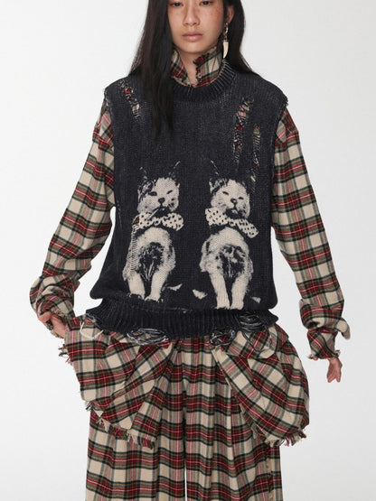 1JINN STUDIO Vintage Cat Print Distressed Cutout Women&