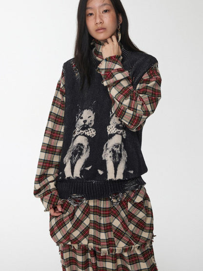 1JINN STUDIO Vintage Cat Print Distressed Cutout Women&