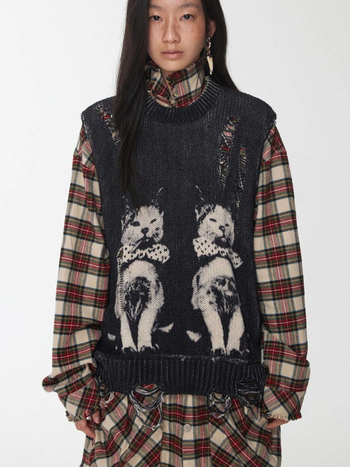 1JINN STUDIO Vintage Cat Print Distressed Cutout Women&