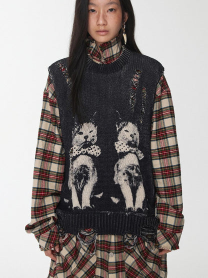 1JINN STUDIO Vintage Cat Print Distressed Cutout Women&