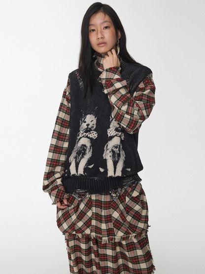 1JINN STUDIO Vintage Cat Print Distressed Cutout Women&