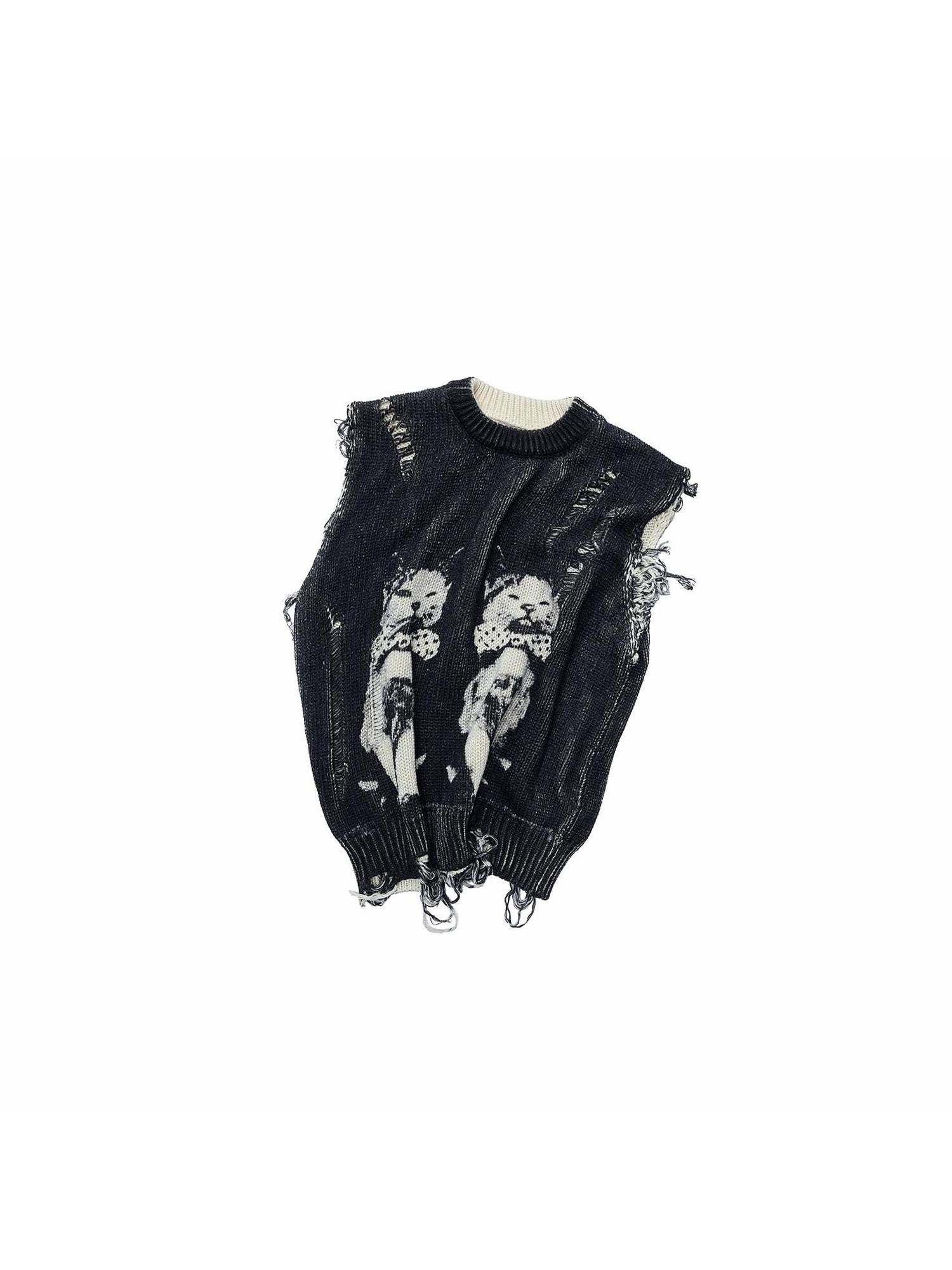 1JINN STUDIO Vintage Cat Print Distressed Cutout Women&