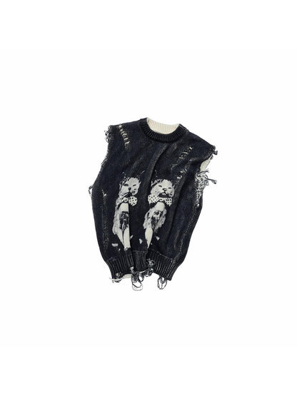 1JINN STUDIO Vintage Cat Print Distressed Cutout Women&