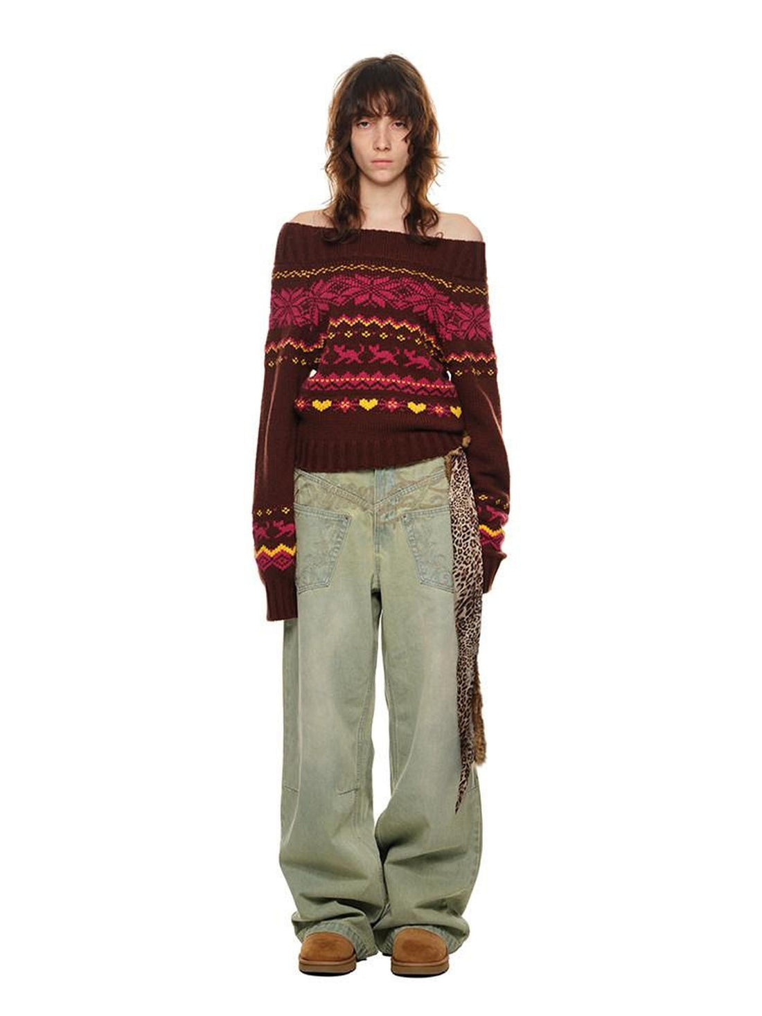 1JINN STUDIO Vintage Chunky Knit Fair Isle Christmas Women&
