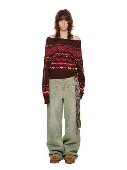 1JINN STUDIO Vintage Chunky Knit Fair Isle Christmas Women&