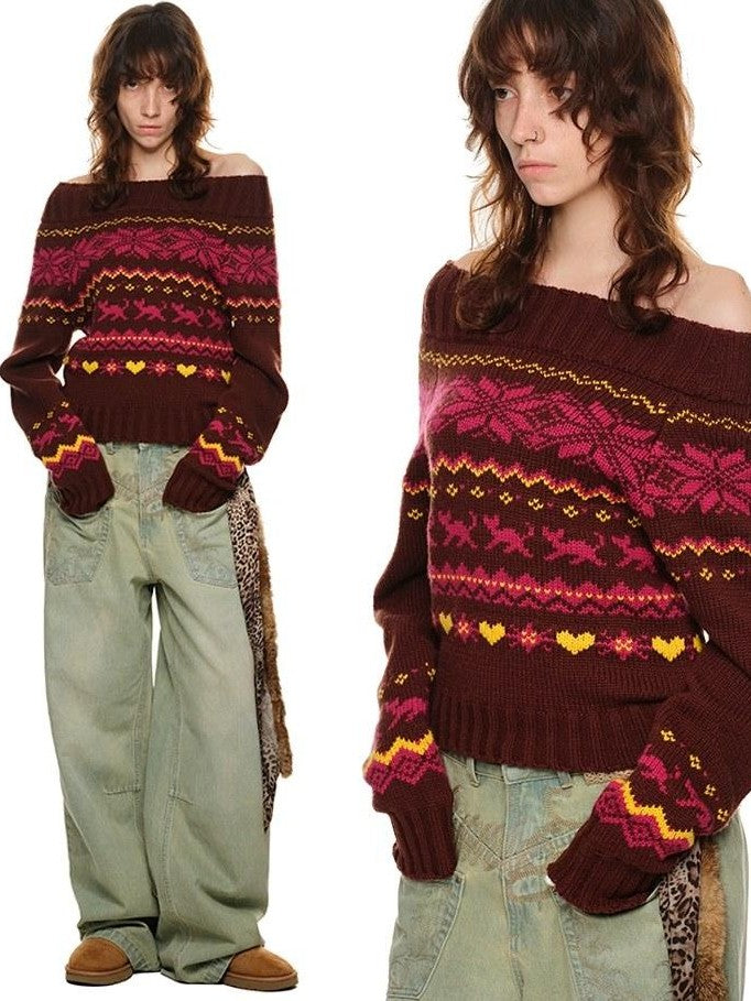 1JINN STUDIO Vintage Chunky Knit Fair Isle Christmas Women&