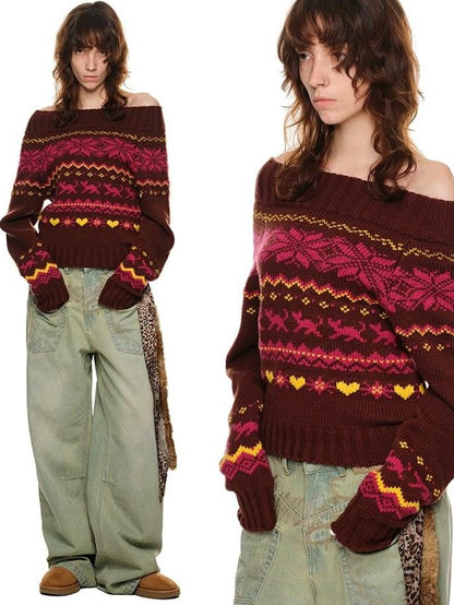 1JINN STUDIO Vintage Chunky Knit Fair Isle Christmas Women&