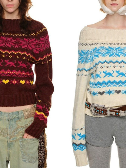 1JINN STUDIO Vintage Chunky Knit Fair Isle Christmas Women&