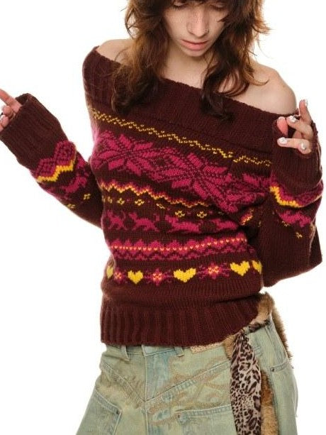 1JINN STUDIO Vintage Chunky Knit Fair Isle Christmas Women&