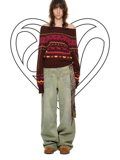 1JINN STUDIO Vintage Chunky Knit Fair Isle Christmas Women&