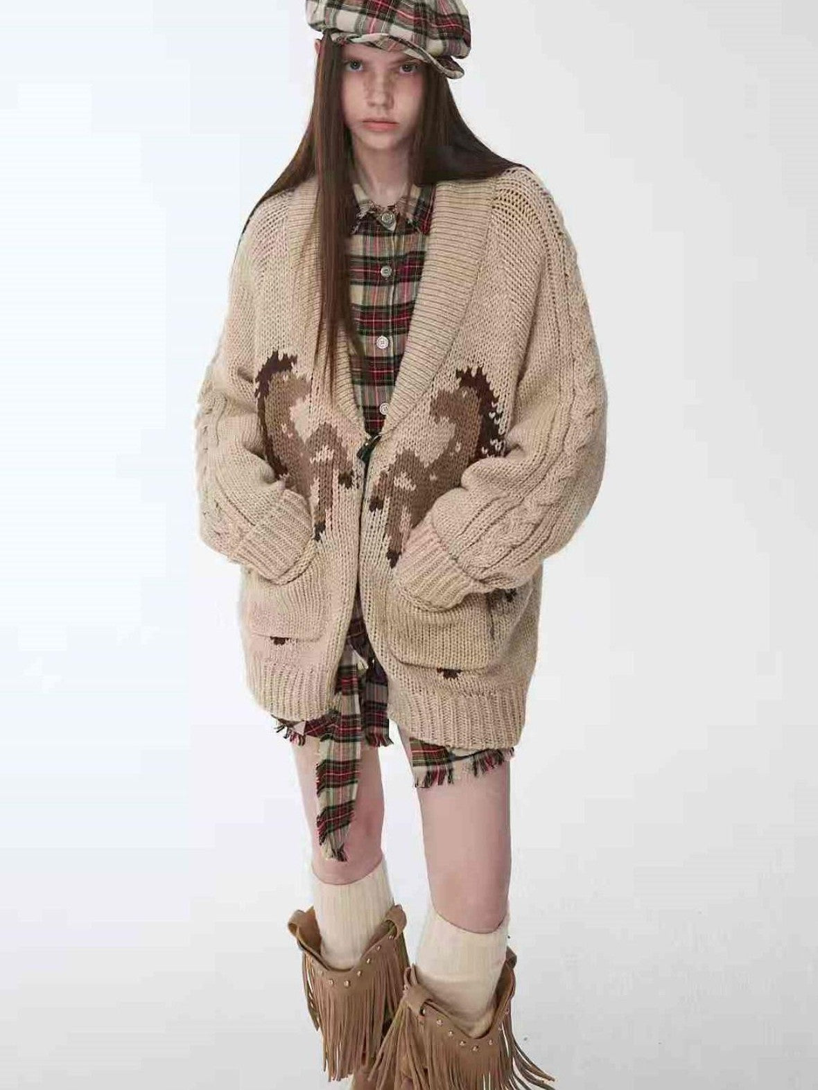1JINN STUDIO Vintage Chunky Pony Jacquard Toggle Lapel Women&