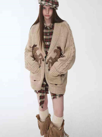 1JINN STUDIO Vintage Chunky Pony Jacquard Toggle Lapel Women&