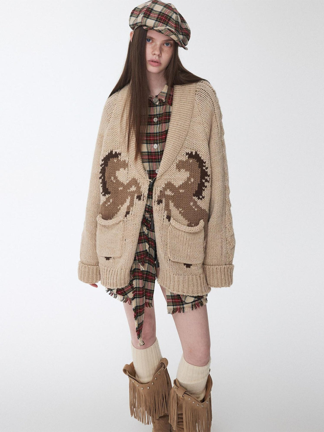 1JINN STUDIO Vintage Chunky Pony Jacquard Toggle Lapel Women&