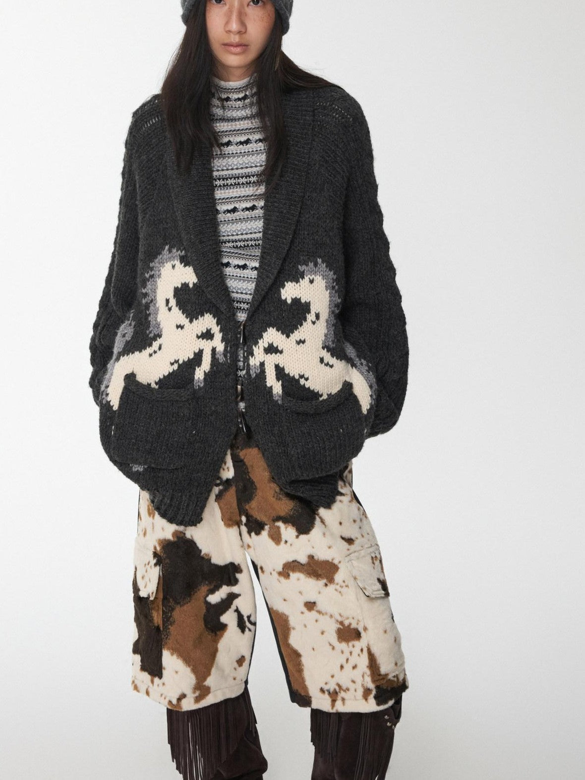1JINN STUDIO Vintage Chunky Pony Jacquard Toggle Lapel Women&