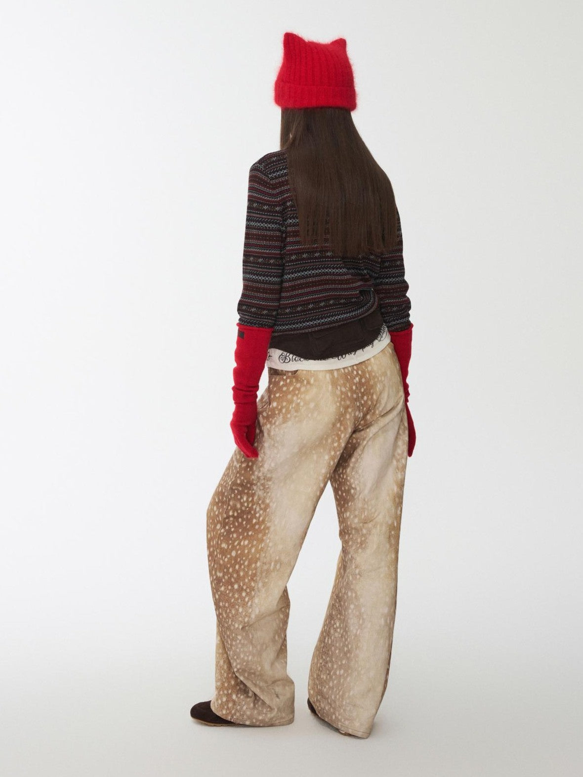 1JINN STUDIO Vintage Deer Print Contrast Embroidery Low Rise Women&