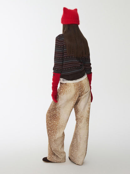 1JINN STUDIO Vintage Deer Print Contrast Embroidery Low Rise Women&