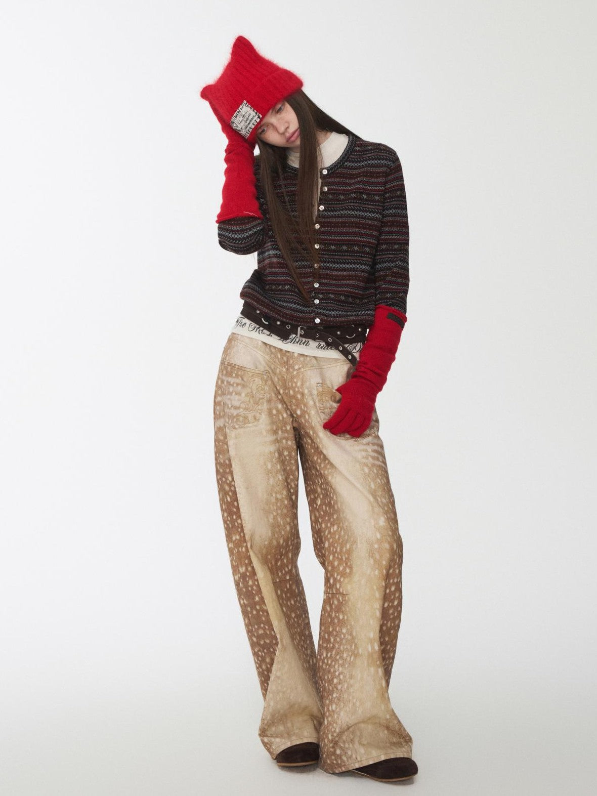 1JINN STUDIO Vintage Deer Print Contrast Embroidery Low Rise Women&