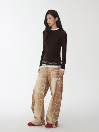 1JINN STUDIO Vintage Deer Print Contrast Embroidery Low Rise Women&
