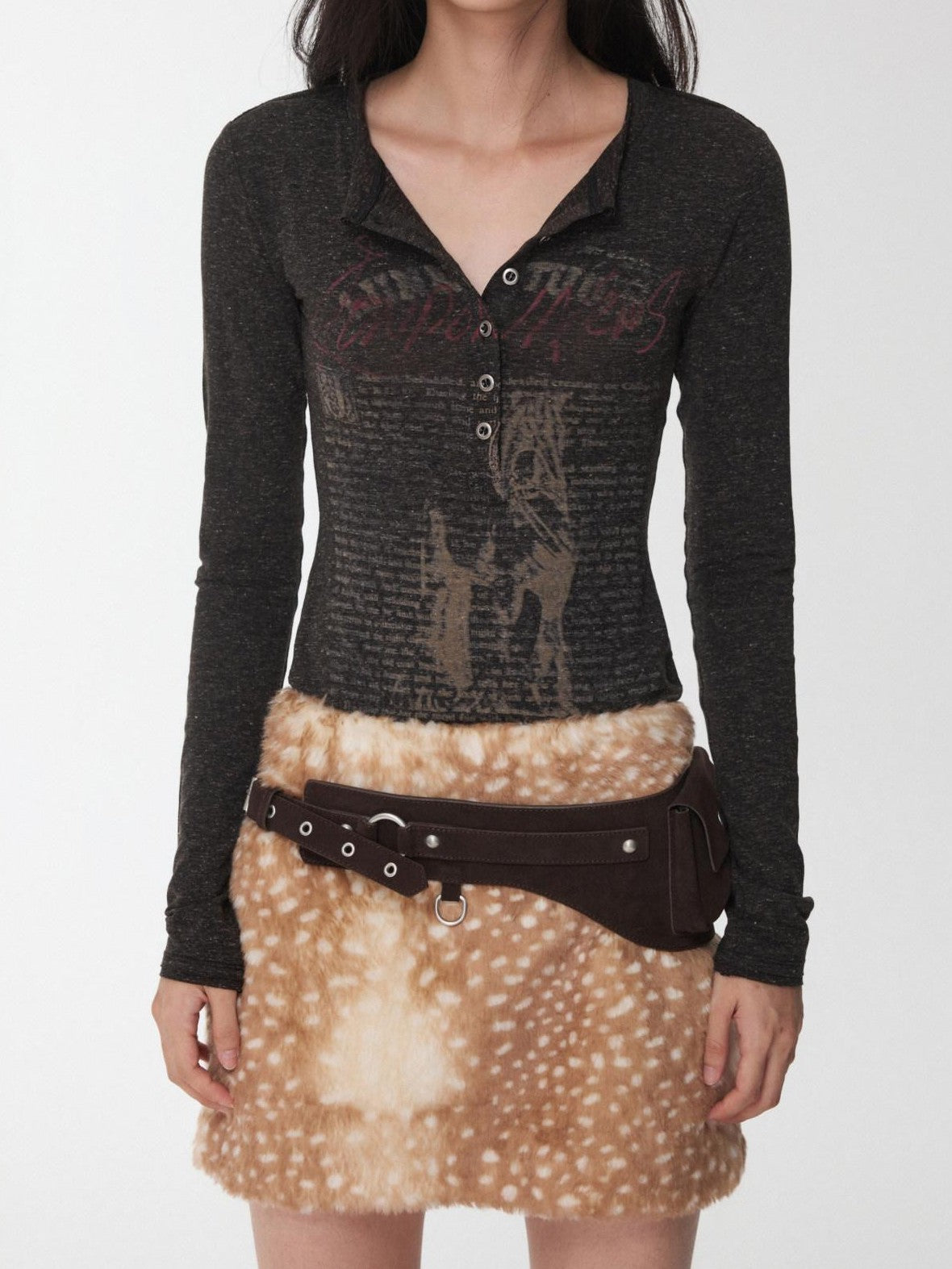 1JINN STUDIO Vintage Deer Print Low Waist Slim Fit Women&