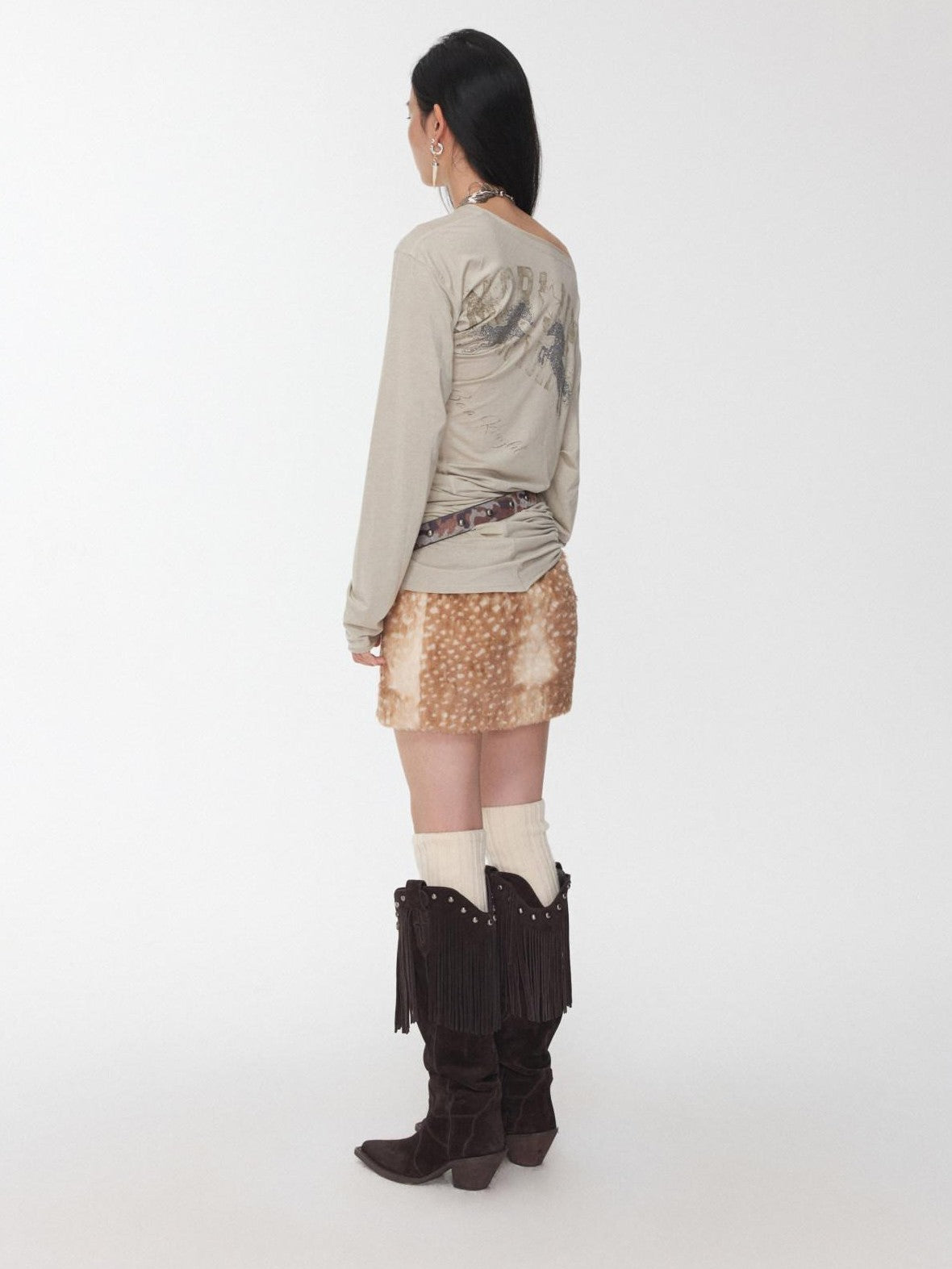1JINN STUDIO Vintage Deer Print Low Waist Slim Fit Women&